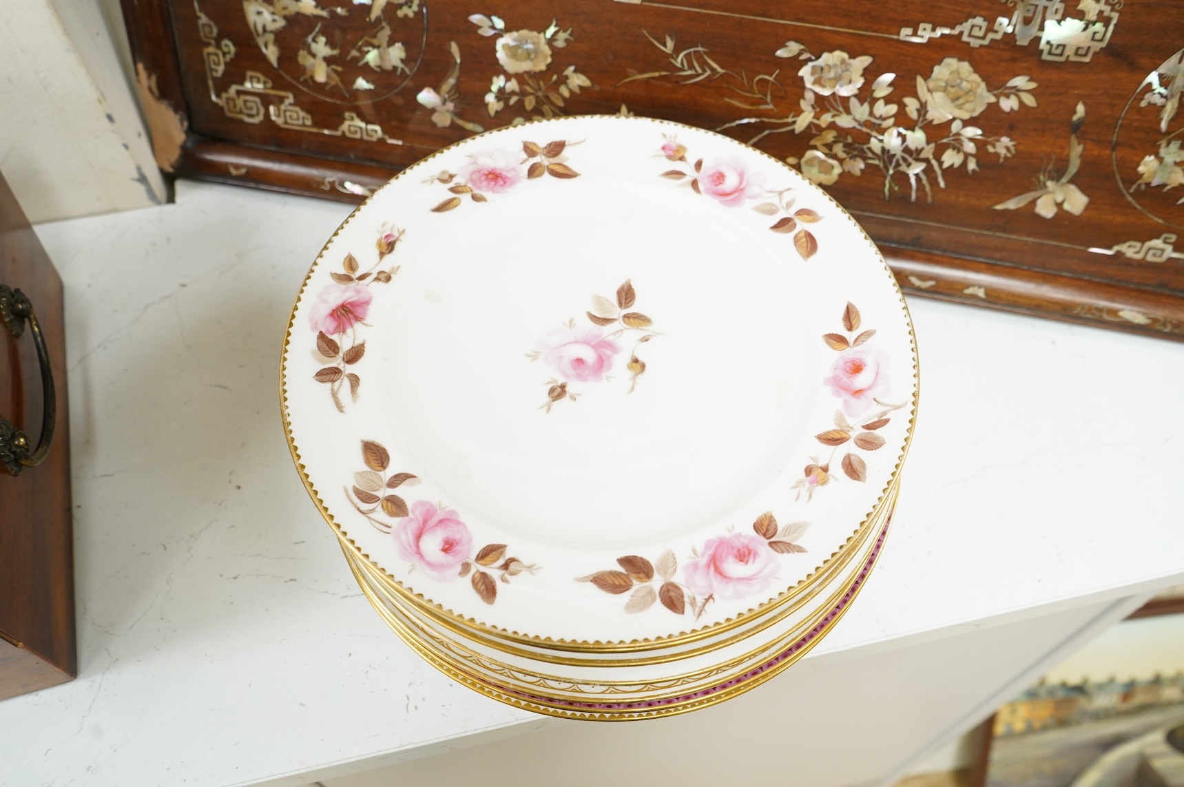 A group of nine mid 19th century Paris porcelain flower painted sample plates, 25cm in diameter